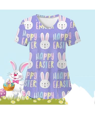 Foldap Easter Nurse Uniforms for Women: Cute Patterned Short Sleeve V-Neck Tee with Pockets | Breathable Plus Size Shirts - Large, C1-purple - Buy Online on SooperMarket.com