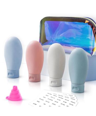 Travel Bottles for Toiletries Colourful Transparent Waterproof PVC Cosmetic Bag and 4 Portable Leak-Proof Refillable Squeezeable Cosmetic Bottles Folding Silicone Funnel