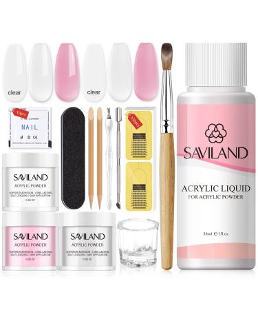 Saviland Acrylic Nail Kit for Beginner - White Pink Clear Acrylic Powder and Liquid Set with Acrylic Nail Brush Nail Forms Acrylic Nail Tool Kit with Everything for Home DIY & Nail Salon A2-Acrylic Nail Kit 10g