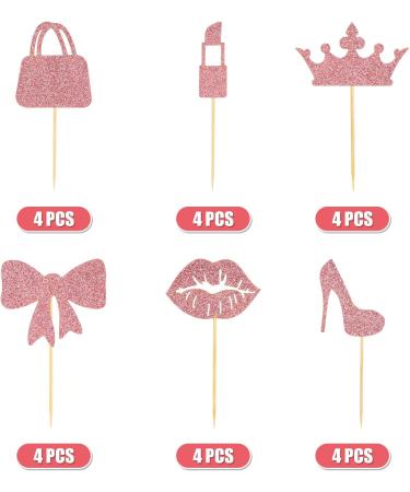 24pcs Princess Cupcake Toppers Glitter Pink Cupcake Decoration Lipstick High Heel Crown Lip Handbag Bow Cake Topper for Birthday Wedding Baby Shower Bachelorette Party Supplies - Buy Online on SooperMarket.com