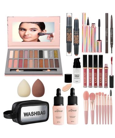 All in One Makeup Kit Includes 20 Colors Eyeshadow Palette RUIGPRO Foundation & Face Primer Makeup Brush Makeup Sponge Eyebrow Soap Winged Eyeliner Stamp Gift Set for Women Girls & Teens Black