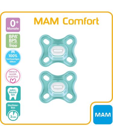 MAM Comfort Schnuller Set of 2 | Small & Lightweight Baby Pacifiers for Newborns | 100% Silicone | Soft MAM Skin | Includes Pacifier Box | 0+ Months | Mint Green - Buy Online on SooperMarket.com