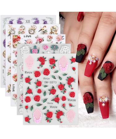 JMEOWIO 3D Spring Embossed Flower Nail Art Stickers Decals Self-Adhesive Pegatinas U as 5D Floral Nail Supplies Nail Art Design Decoration Accessories 5 Sheets