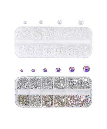 Nail Rhinestones and Pearls 2 Boxes 3D Nail Charms Flat Back Clear AB Crystal Nail Art Rhinestones Gems White Nail Pearls for Nail Art Decoration DIY Crafts (G)