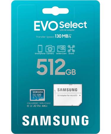 Samsung EVO Select 512GB Micro SD Memory Card + Adapter | 130MB/s | Full HD, 4K UHD, UHS-I, U3, A2, V30 | Expand Storage for Android, Tablets, Nintendo Switch - Buy Online on SooperMarket.com