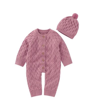 DovFanny Baby Boys Girls Romper Suit Lovely Solid Color Knit Jumpsuit Cute Casual Long Sleeve Winter Warm Outfit Clothes with Hat for Newborn Baby 12-18 Months Pink