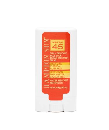 Hampton Sun SPF 45 Mineral Face Stick.67 oz. - Sheer  Non-Whitening Broad Spectrum Sunscreen Stick  Infused with Avocado Oil for Brightening Hyperpigmentation  Vegan Luxury Sunscreen Stick