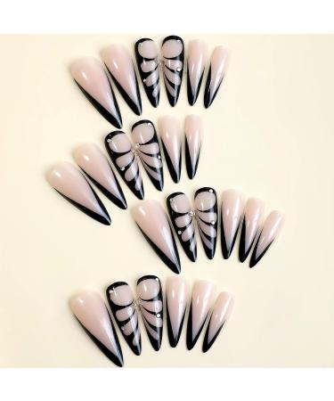 Buy MISUD Long Stiletto Press on Nails - Glossy Black French Tip Fake Nails with Rhinestones & Butterfly Design - 24 pcs Acrylic Nail Set - Fast International Shipping - Buy Online on SooperMarket.com