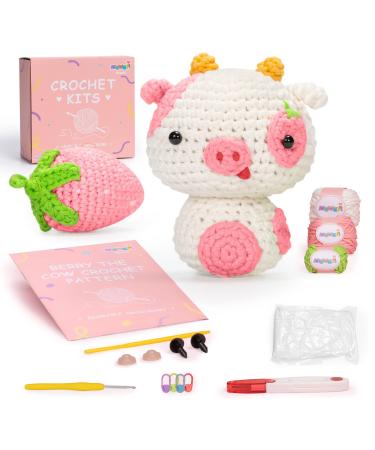 Mewaii Crochet Kit for Beginners, Complete DIY Crochet Kit Animals with Pre-Started Tape Yarn Step-by-Step Video Tutorials for Adults and Kids (Strawberry Cow)