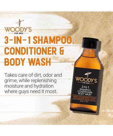 Woody's 3-in-1 Shampoo Conditioner & Body Wash for Men - Travel Size with Marine & Cucumber Extracts 1.7 Fl Oz - Buy Online on SooperMarket.com