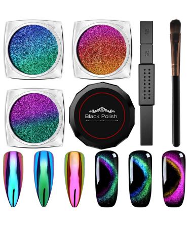 Cat Eye Chrome Nail Powder - 3Pc Get Cat Eye Effect and Chameleon Mirror Effect, 9D Galaxy Gem Glitter Metallic Manicure Pigment with Bonus Black UV Gel and Magnetic Stick - Unique DIY Set