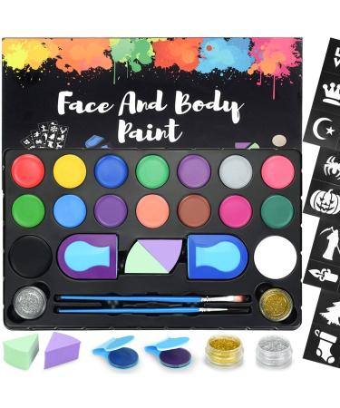 Face Paint Kit for Kids Large Water Based Paints 16 Large Water Based Paints 24 Stencils 2 Glitters Halloween Makeup Kit Face Paint Palette Face Paints Safe for Sensitive Skin (16 color)