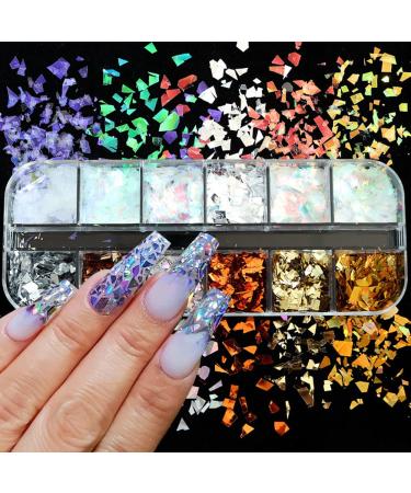 Holographic Nail Glitter Flakes | 12 Grids 3D Irregular Sequins | Shiny Gold & Silver Nail Art Supplies | Vintage Glitter for UV Gel Nails Design - Buy Online on SooperMarket.com