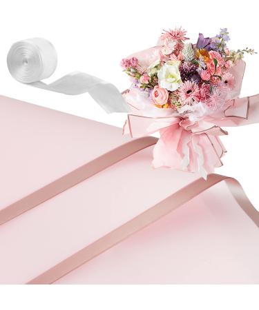 LEMEOSO 20 Sheets Pure Flower Wrapping Paper Waterproof Florist Bouquet Supplies Gold Edge Thicken Floral Paper Packaging with Ribbon for Wedding Birthday DIY Crafts Gift 22.8x22.8 Inch(Pink)