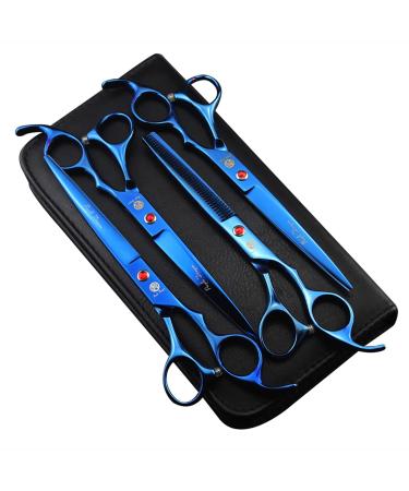 Purple Dragon PS02 Professional 7.0 inch 4PCS Pet Grooming Scissors Kit Japan Premium Steel Straight & Curved & Thinning Blade Dog Hair Cutting Shears Set with Case Blue