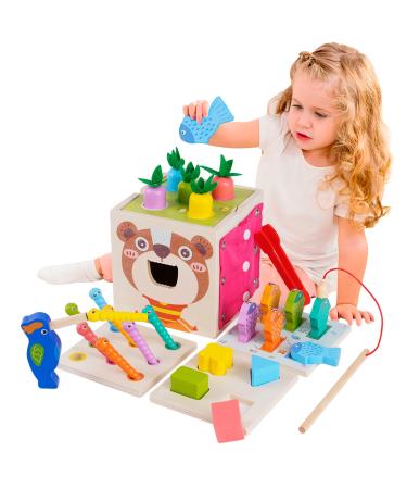 Motoric toys made of wood 8 in 1 Montessori wooden toys activity cubes Activity Center Baby Sorting & Stacking Toys Carrow harvest fishing game 8i N1 Cubos de motor for children from 1 2 3 4 years