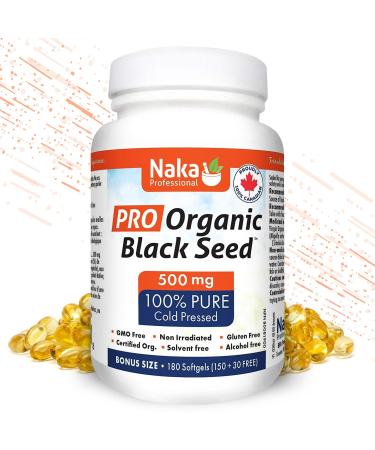 Naka PRO ORGANIC Black Cumin Seed Oil Super BONUS SIZE - 180 Softgels (150 + 30 FREE) 500 mg 100% Cold Pressed with Thymoquinone solvent free alcohol free non Irradiated GMO free
