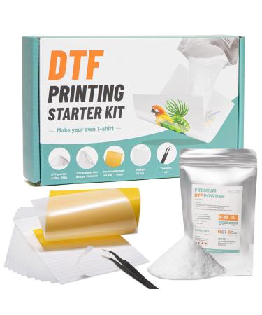 KASYU DTF Transfer Powder Film Kit for DTF Sublimation Printer All-in-1 DTF Starter Kit- 8.8oz White Digital Hot Melt Adhesive&15 Direct to Film Pretreat Iron-on Transfer Paper Fabric DTF Starter Kit DTF Starter Kit