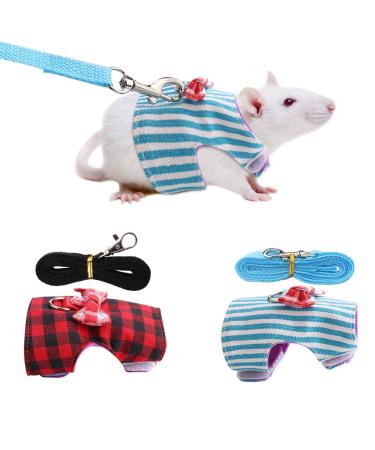Hamster Harness and Traction Rope 2 Pieces Small Pet Harness with Bowknot Decor Small Animal Outdoor Walking Traction Rope Vest for Ferret Guinea Pig Iguana Rabbit Red Grid + Blue Stripes(XS)