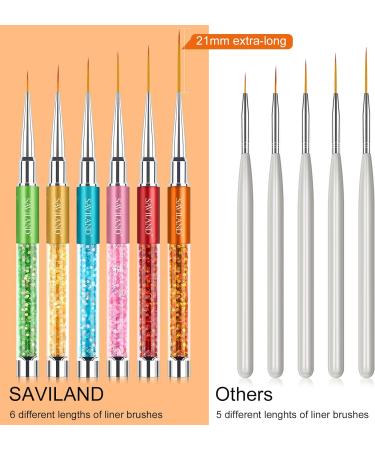 Saviland 6Pcs Nail Art Liner Brush Set with Crushed Diamond Rhinestone Handle - Sizes 7/9/11/13/15/21mm - Ideal for Nail Design and Painting - NO.1 Nail Art Brushes - Buy Online on SooperMarket.com