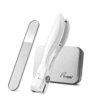 FVION Nail Clipper for Thick Toenail and Fingernail Wide Jaw Nail Clippers with Crystal File Large Toe Nail Clipper with Catcher for Men Women Nail Cutter Set(White)