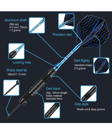 12 Pack Metal Tip Darts Set 22/24g for Dartboard - Premium Aluminum Shafts, Rubber O-rings, Nylon Shafts, Flights, Tool Kit - Black & Blue - Buy Online on SooperMarket.com