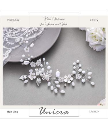 Unicra Silver Wedding Hair Vine - Rhinestone Flower Headpiece with Pearls | Bridal Hair Jewelry for Bridesmaid & Women - Buy Online on SooperMarket.com