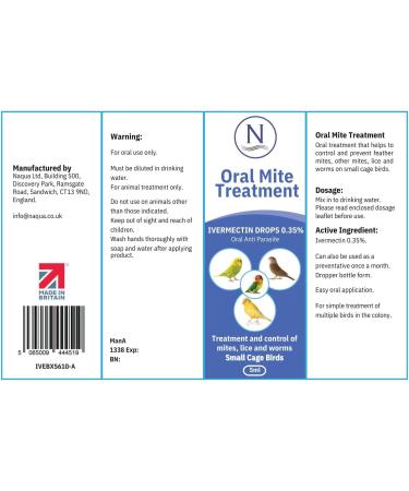 Naqua - 5ml ORAL Mite Treatment for Birds Finches Budgies Canaries & Small Cage Birds. Birds 60g to 500g. Kills lice fleas & ticks. Vet Strength Medicine - Buy Online on SooperMarket.com