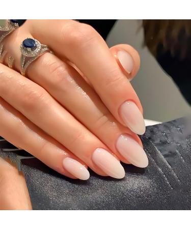 Press on Nails Almond Short Fake Nails with Glue Pink White Ombre Acrylic False Nails with Designs Glossy Artificial Nail Press ons Reusable Natural Stick on Nails for Women Fingernails Set Short Almond Style 8
