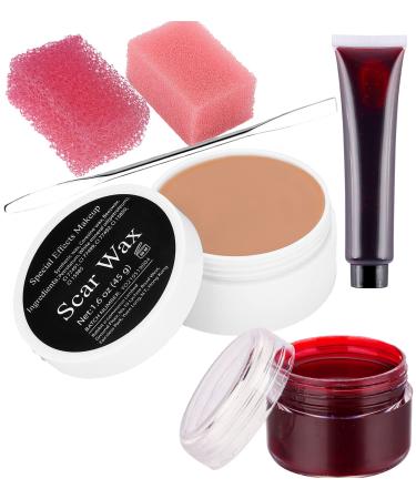 CCbeauty Scar Wax Set Halloween SFX Special Effects Makeup Kit Fake Wound Modeling Scars Wax(1.6 Oz) with Spatula Coagulated Blood(1.06Oz)  Fake Blood Gel  2pcs Pink Stipple Sponges