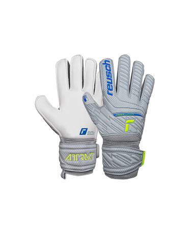 Reusch men attract finger support unisex goalkeeper gloves with outer seam cut and grip surface suitable for all field surfaces football gloves with finger protection for adults light gray - blue - yellow 8