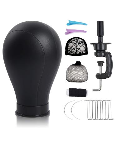 22 Inch Leather Wig Canvas Block Mannequin Head with Stand for Wigs Making Display Styling Canvas Head with Table C Stand Clamp Holder(Black Leather) 22 Inch Black Leather