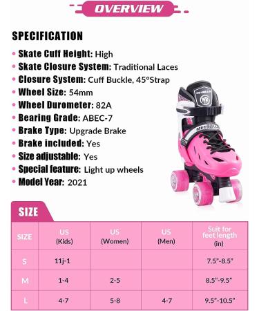 METROLLER Roller Skates for Teens - Adjustable 4 Sizes with Light up Wheels - Rose Medium-Big Kid (1-4 US) - Buy Online on SooperMarket.com
