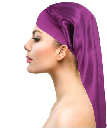 Firtink 3 Pcs Long Satin Bonnet Sleep Cap Set for Natural Hair - Black, Navy, Purple - Wide Elastic Band for Women - Extra Large Silk Bonnet for Night Sleep - Buy Online on SooperMarket.com