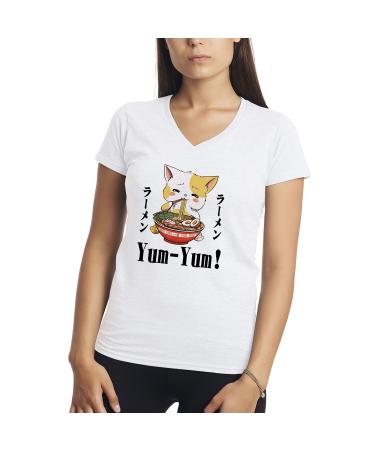 Kawaii Neko Ramen Lover Japanese Noodle Anime Women's V-Neck Shirt White S