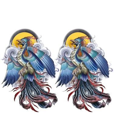 Oottati 2 Sheets Arm Thigh Leg Waterproof Fake Temporary Tattoos Stickers for Men and Women Blue Phoenix Feather