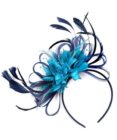 Caprilite Fashion Navy and Aqua Blue Net Hoop Feather Hair Fascinator Headband Wedding Royal Ascot Races