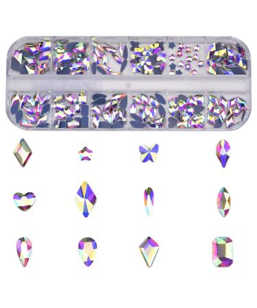 180pcs 12 Styles Mixed Crystals Ab Nail Decoration Glass Flatback 3D Nail Diamonds Gems Rhinestones for Acrylic Nail Art Design Hot Fix Crystal ab
