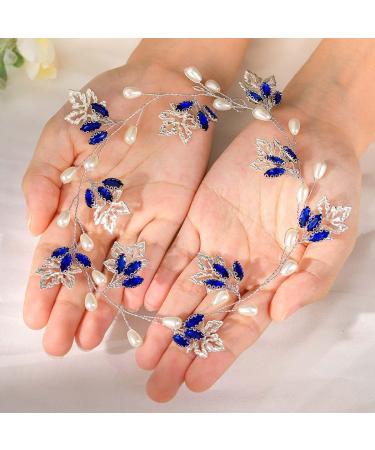 IYOU Bridal Wedding Hair Vine Blue Rhinestone Headband Leaf Pearl Prom Headpiece Accessories for Bride Bridesmaid - Buy Online on SooperMarket.com