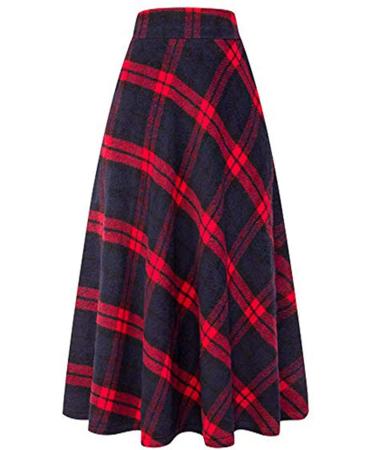 Sanahy Women's Plaid Wool Maxi Skirt - XL Red | High Elastic Waist A-line Winter Flare Skirt with Pockets - Buy Online on SooperMarket.com