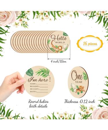 16-Piece Wooden Jungle Animal Baby Milestone Cards | Double-Sided Safari Monthly Markers for Newborn Photos | Baby Shower Photo Props - Buy Online on SooperMarket.com