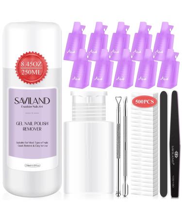 Saviland 250ML Gel Nail Polish Remover Kit - Nail Polish Remover with Nail Clips, Nail Tools,Cuticle Pusher, 500PCS Cotton Pad Nail Remover Manicure Kit for Salon Home DIY