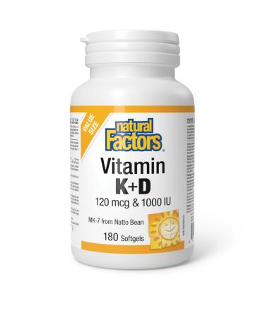 Natural Factors Vitamin K2+D3 120mcg & 1000iu 180 softgels MK-7 From Natto Beans Help build and maintain bone health