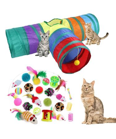 32Pcs Cat Toys Kitten Interactive Pet Toys Assortments, Foldable Rainbow S-Tunnel, Cat Feather Teaser, Wand Interactive Feather Toy, Fluffy Mouse, Crinkle Balls, Bell Play for Cat, Puppy, Kitty, Kitten 3 way
