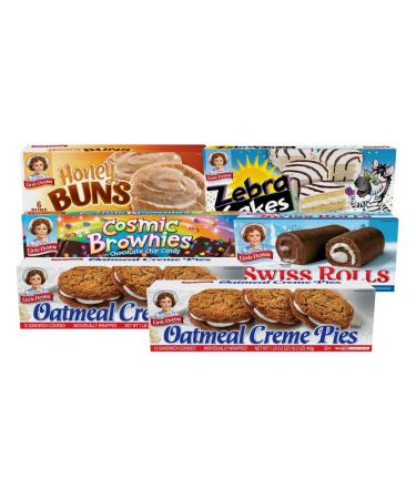 Little Debbie Variety Pack - Zebra Cakes (1 Box), Cosmic Brownies (1 Box), Honey Buns (1 Box), Swiss Rolls (1 Box), and Oatmeal Creme Pies (2 Boxes), Pack of 6