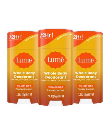 Lume Whole Body Deodorant - Smooth Solid Stick - 72 Hour Odor Control - Aluminum Free Baking Soda Free and Skin Loving - 2.6 Ounce (Pack of 3) (Toasted Coconut) Toasted Coconut 2.6 Ounce (Pack of 3)
