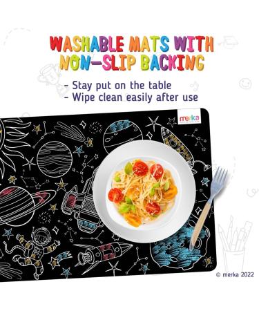 Merka Kids Coloring Placemats Set - 4 Reusable Mats with Chalks, Space & Alphabet Design - Buy Online on SooperMarket.com
