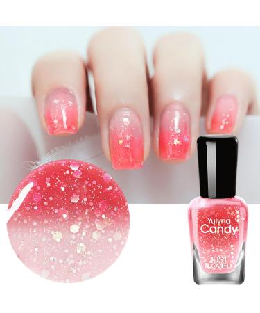Glitter Nail Polish Pink Red Glitter Nail Varnish Quick Dry Long Lasting Color Changing Temperature Control Nail Polish Holographic No UV Needed Non-toxic for Girls Women Home DIY Nail Art