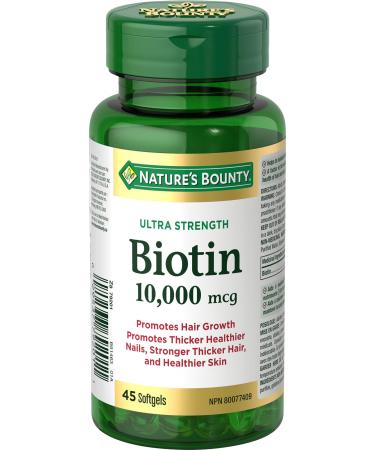 Nature's Bounty Biotin Supplement Promotes Hair Growth and Strong Hair 10000mcg 45 Softgels