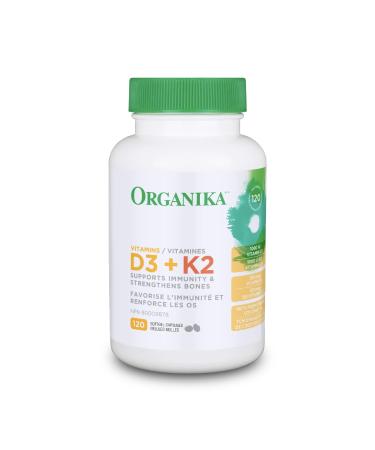 Organika Vitamin D3 + K2 (MK7)- 1000IU D3 and 120mcg K2 per capsule- High Potency Supports Healthy Immune Function and Bones + Teeth- 120sftgl